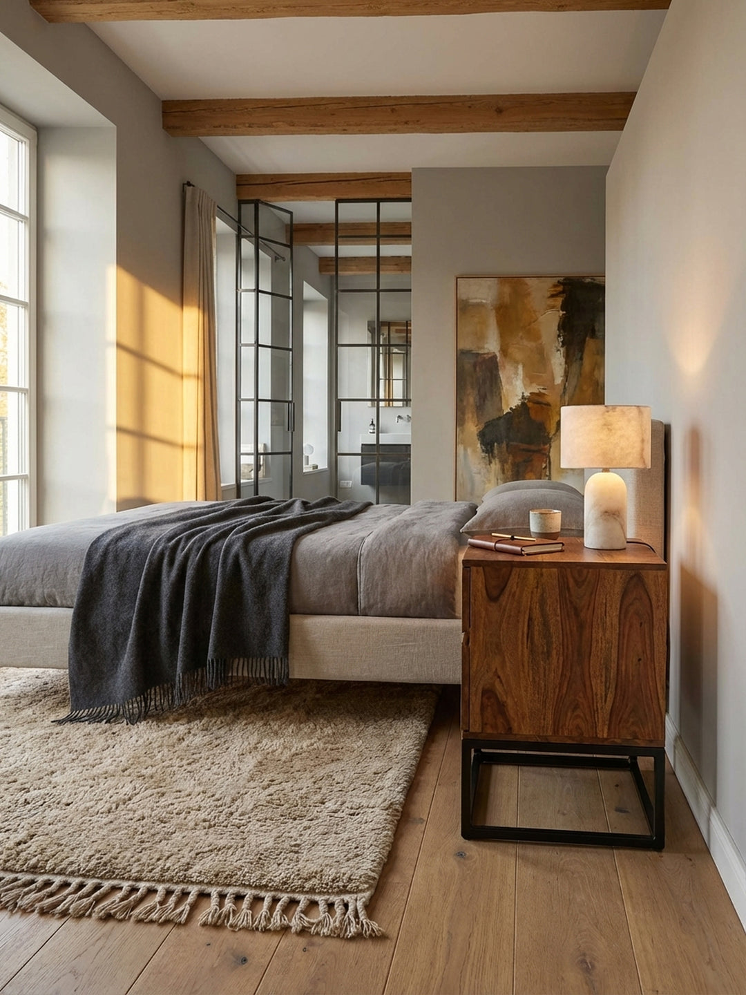 Nachttisch aus Sheesham-Massivholz mit Metallgestell in einem großzügigen Loft-Schlafzimmer mit Holzbalken._