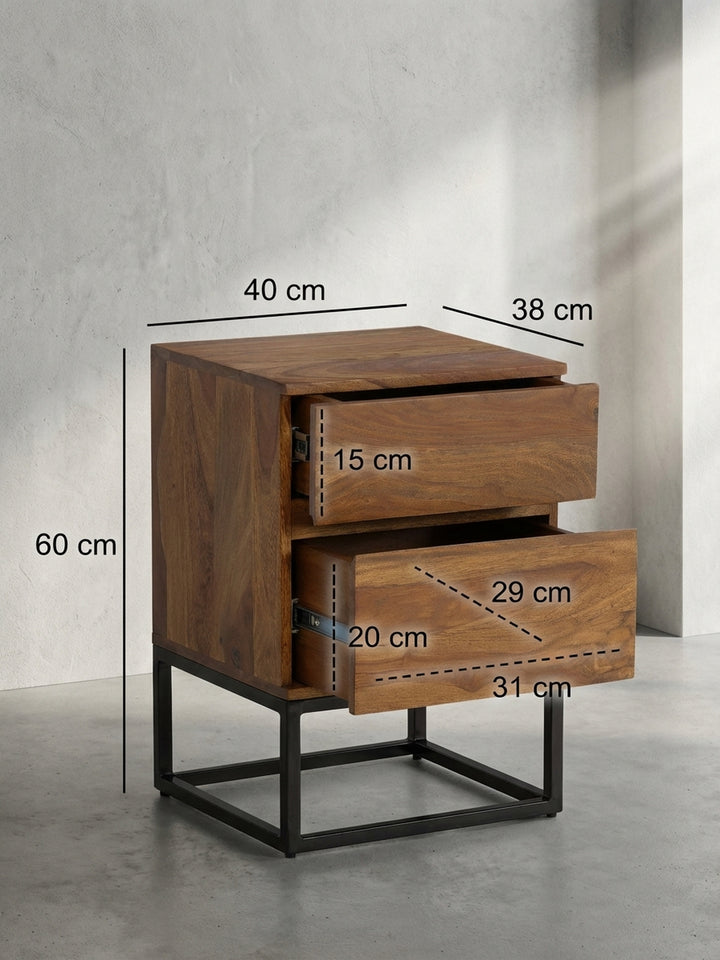 Nachttisch mit Maßangaben: 40 cm breit, 60 cm hoch und 38 cm tief, ideal für Nischen neben dem Bett._