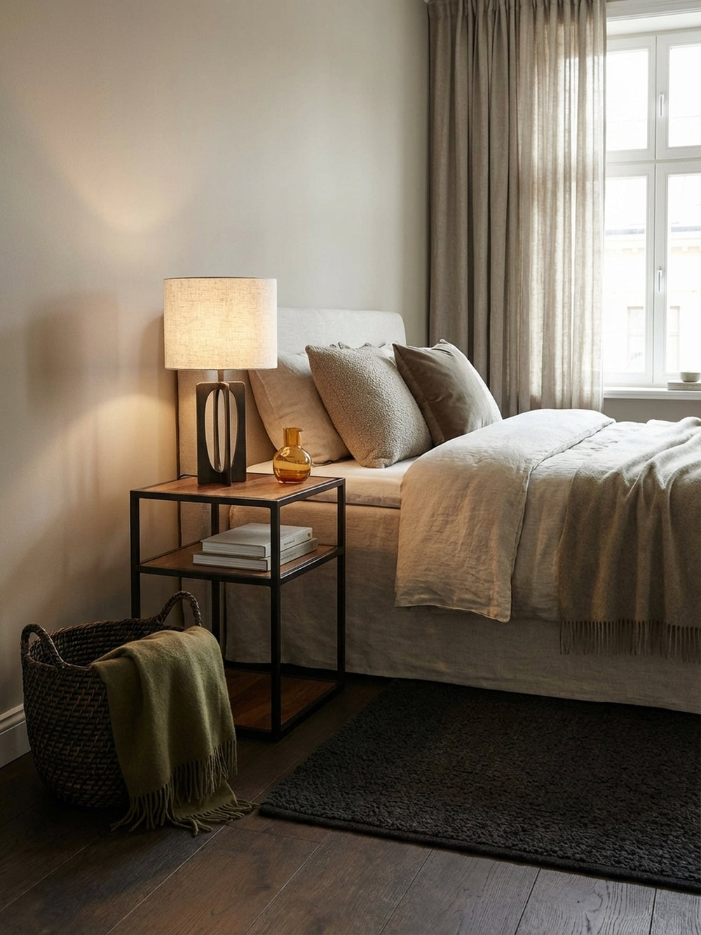 Nachttisch aus Sheesham Massivholz im Industrial-Stil neben einem modernen Bett. Die drei Ablagen bieten Platz für Lampe und Bücher in einem stilvollen Schlafzimmer._