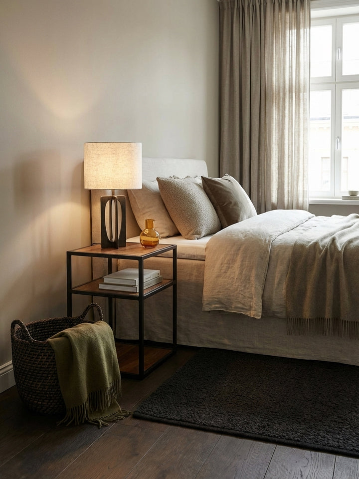 Nachttisch aus Sheesham Massivholz im Industrial-Stil neben einem modernen Bett. Die drei Ablagen bieten Platz für Lampe und Bücher in einem stilvollen Schlafzimmer._