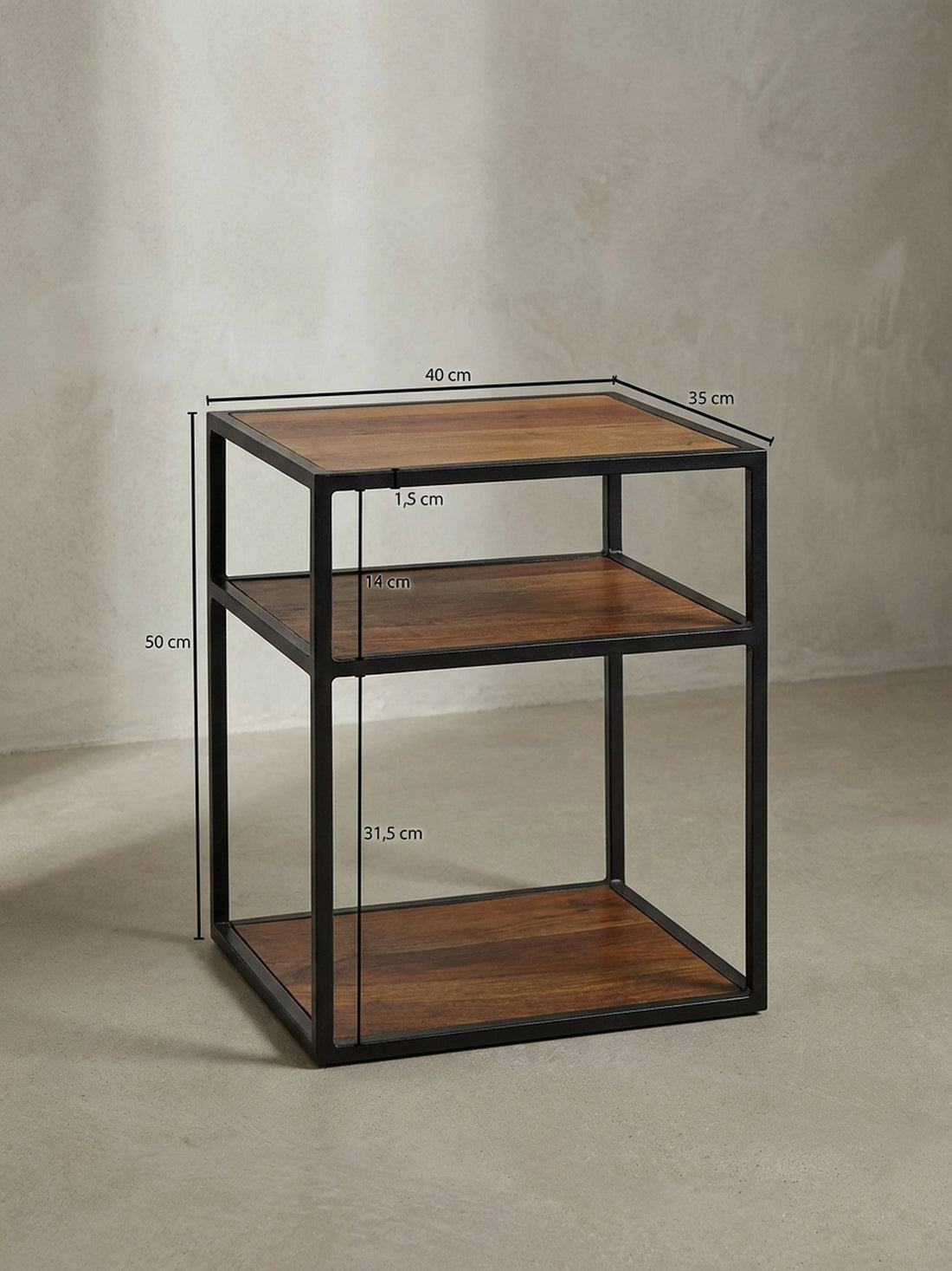 Maßzeichnung Nachttisch – Massivholz, 40x50x35 cm, 3 Ablagen, Industrial-Stil