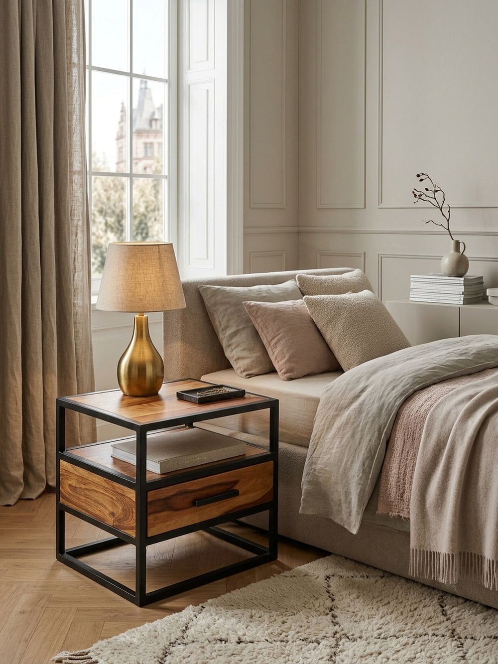 Eleganter Nachttisch aus Sheesham Massivholz mit schwarzem Metallgestell. Ideal als Beistelltisch im Schlafzimmer im Industrial Stil, hier in einem hellen, gemütlichen Raum._