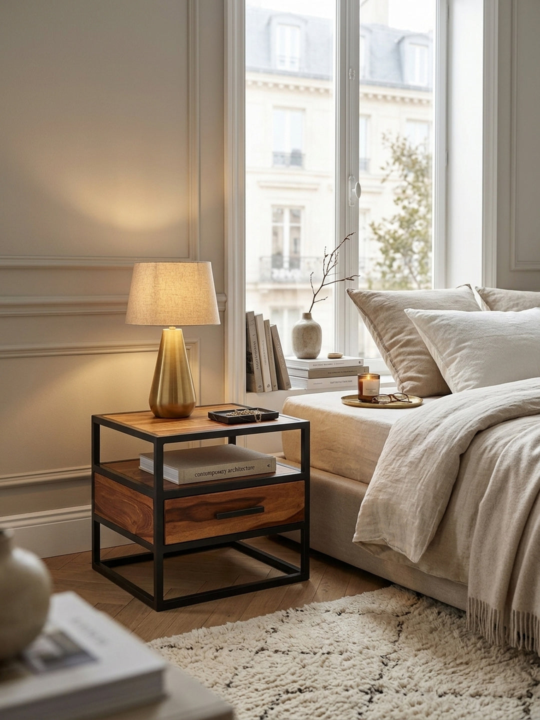 Moderne Nachtkonsole aus Echtholz mit praktischer Schublade und Ablagefach. Das schwarze Metallgestell passt perfekt ins modern eingerichtete Schlafzimmer neben einem Boxspringbett._