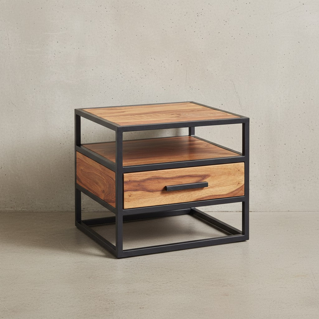 Massiver Sheesham-Holz Nachttisch_ Stilvolle Industrie-Optik_ Stauraum_ robustes Stahlgestell - KADIMA DESIGN_Größe_ 50x45x45 cm_