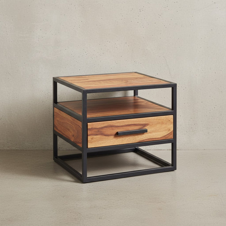 Massiver Sheesham-Holz Nachttisch_ Stilvolle Industrie-Optik_ Stauraum_ robustes Stahlgestell - KADIMA DESIGN_Größe_ 50x45x45 cm_