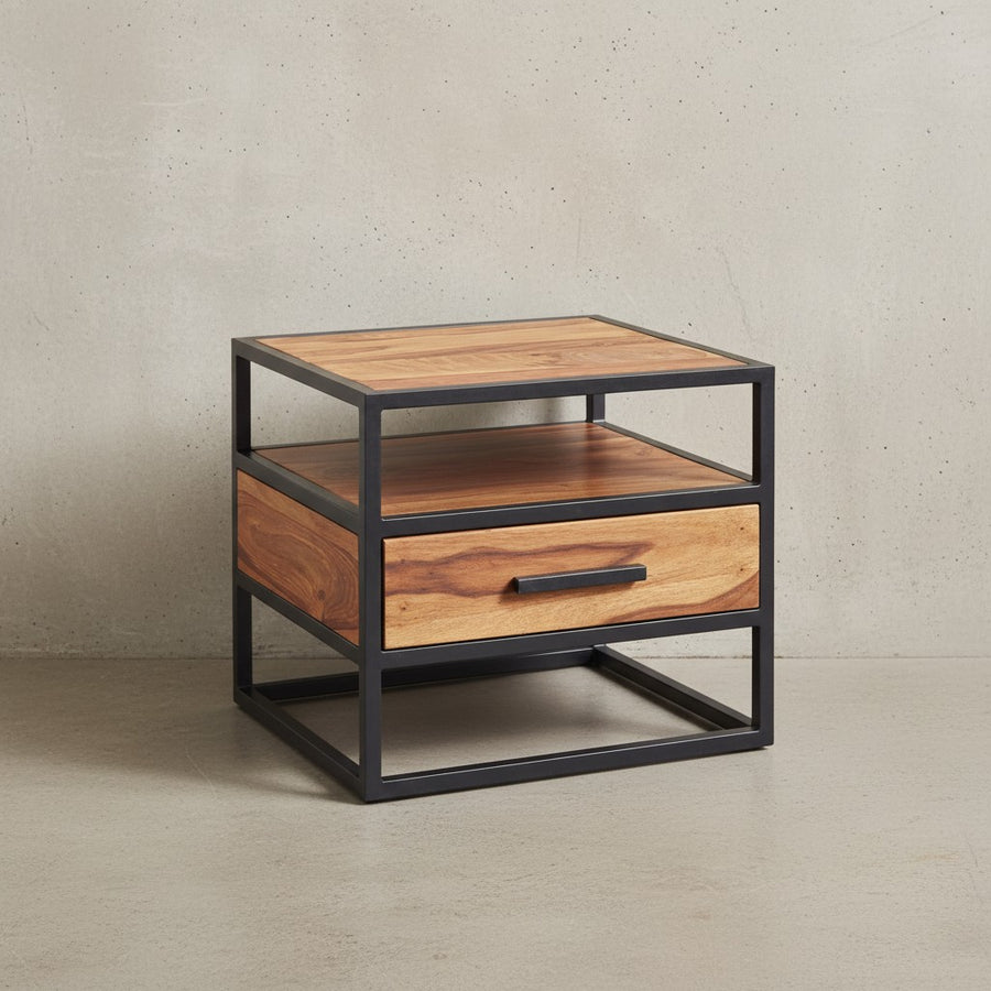 Massiver Sheesham-Holz Nachttisch_ Stilvolle Industrie-Optik_ Stauraum_ robustes Stahlgestell - KADIMA DESIGN_Größe_ 50x45x45 cm_