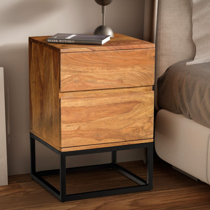 Nachttisch – Massivholz/Metall, 40x38x60 cm, 2 Schubladen, Industrial-Stil