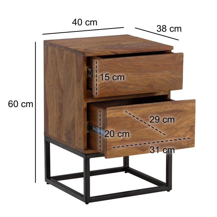 Nachttisch – Massivholz/Metall, 40x38x60 cm, 2 Schubladen, Industrial-Stil