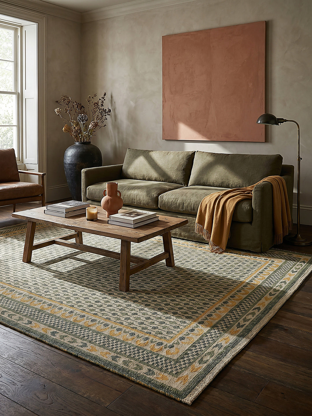 Teppich Grün-Gelb rechteckig im modernen Wohnzimmer Einrichtungsidee_