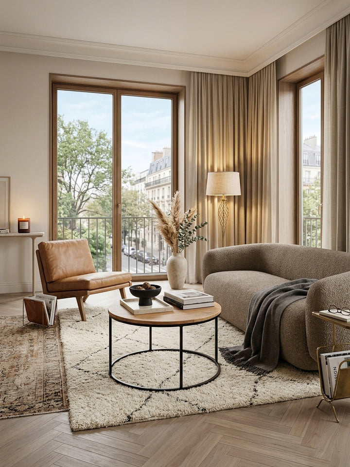 Runder Couchtisch aus massivem Akazienholz und schwarzem Metall in einem eleganten Wohnzimmer. Der 60x43 cm große Sofatisch steht auf einem hellen Teppich vor einem Leinensofa._