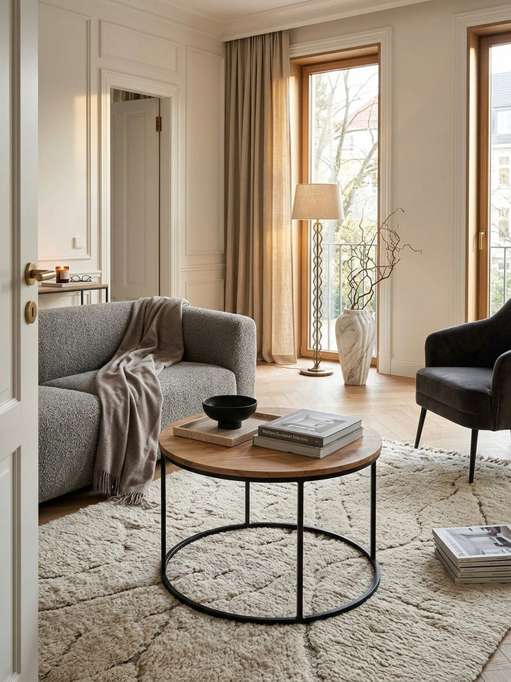 Draufsicht auf den runden Wohnzimmertisch im Modern Classic Stil. Die natürliche Holzmaserung der Akazie kontrastiert stilvoll mit dem dunklen Metallgestell des kleinen Kaffeetischs._