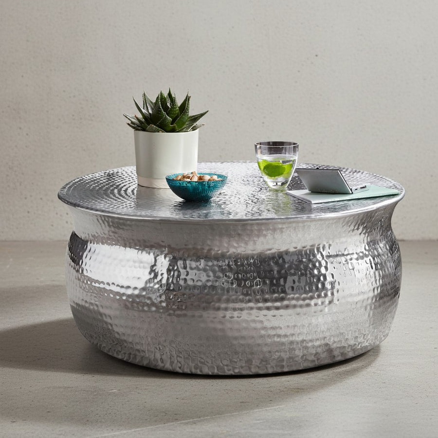 Orient Couchtisch_ Handgefertigt_ Hammerschlag-Aluminium_ großzügige Ablagefläche - KADIMA DESIGN_Farbe_ Silber_ Größe_ 75x75x31 cm_