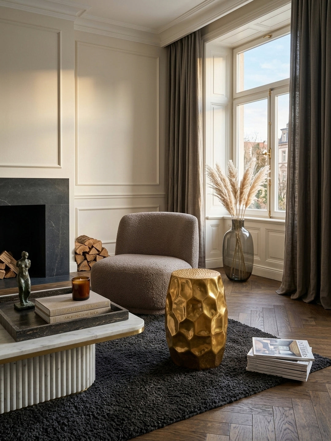 Runder Dekotisch aus goldfarben lackiertem Aluminium von oben im Wohnzimmer betrachtet. Die Wabenstruktur des 30cm breiten Tisches fängt das Licht im eleganten Raum perfekt ein._