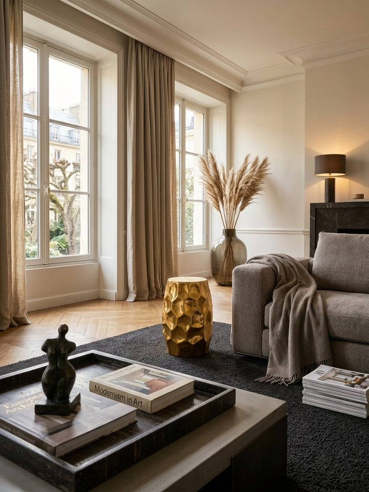 Goldener Beistelltisch im Hammerschlag Design 30x47cm im eleganten Wohnzimmer. Der runde Aluminium Tisch glänzt neben einem Sessel auf dunklem Teppich im Modern Classic Stil._
