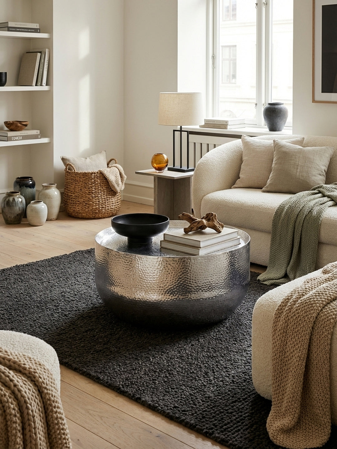 Runder Couchtisch aus Aluminium in Silber mit Hammerschlag-Optik, elegant in einem modernen Wohnzimmer vor einem Sofa mit Dekoration platziert._