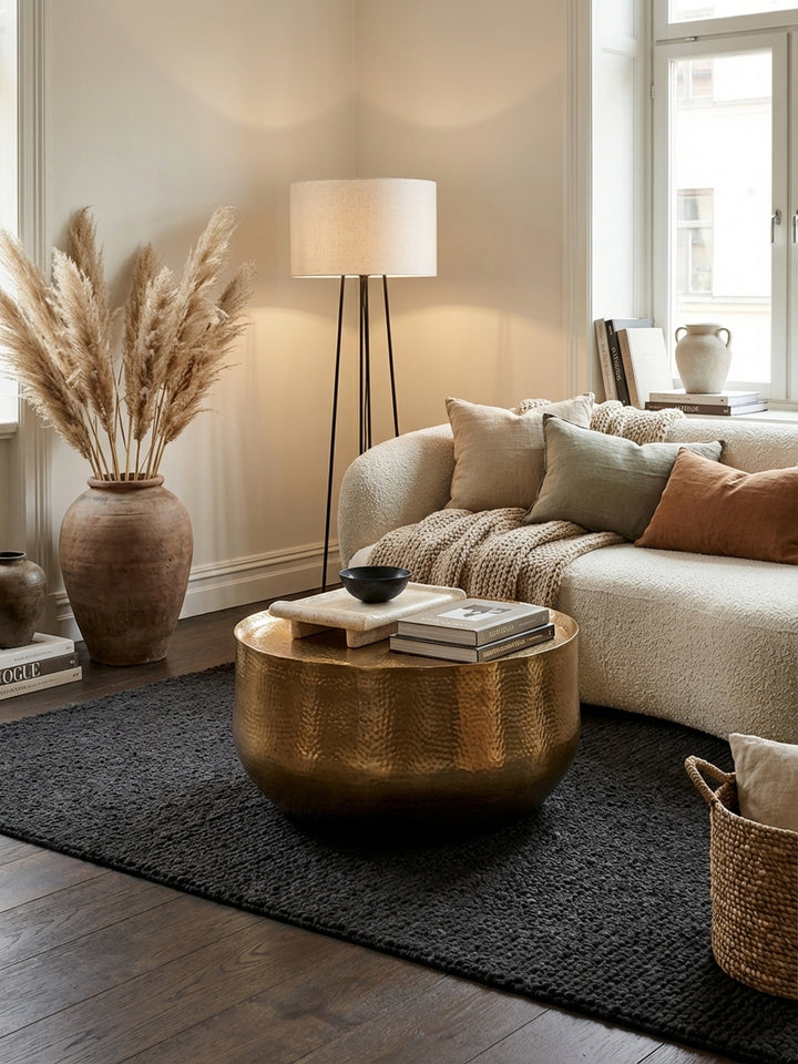 Eleganter runder Couchtisch in Gold, zentral platziert in einem modernen Wohnzimmer auf einem dunklen Teppich vor einem Sofa, mit dezenter Dekoration._