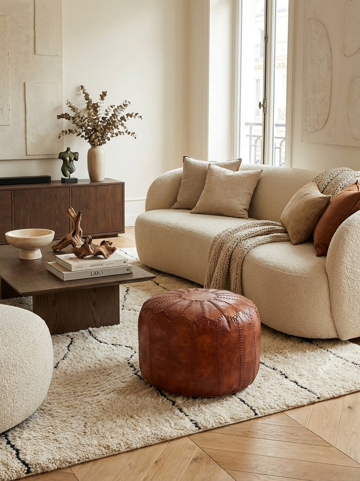 Orientalischer Sitzhocker aus braunem Echtleder als gemütliche Beinablage vor einem Sofa im elegant eingerichteten Wohnzimmer._