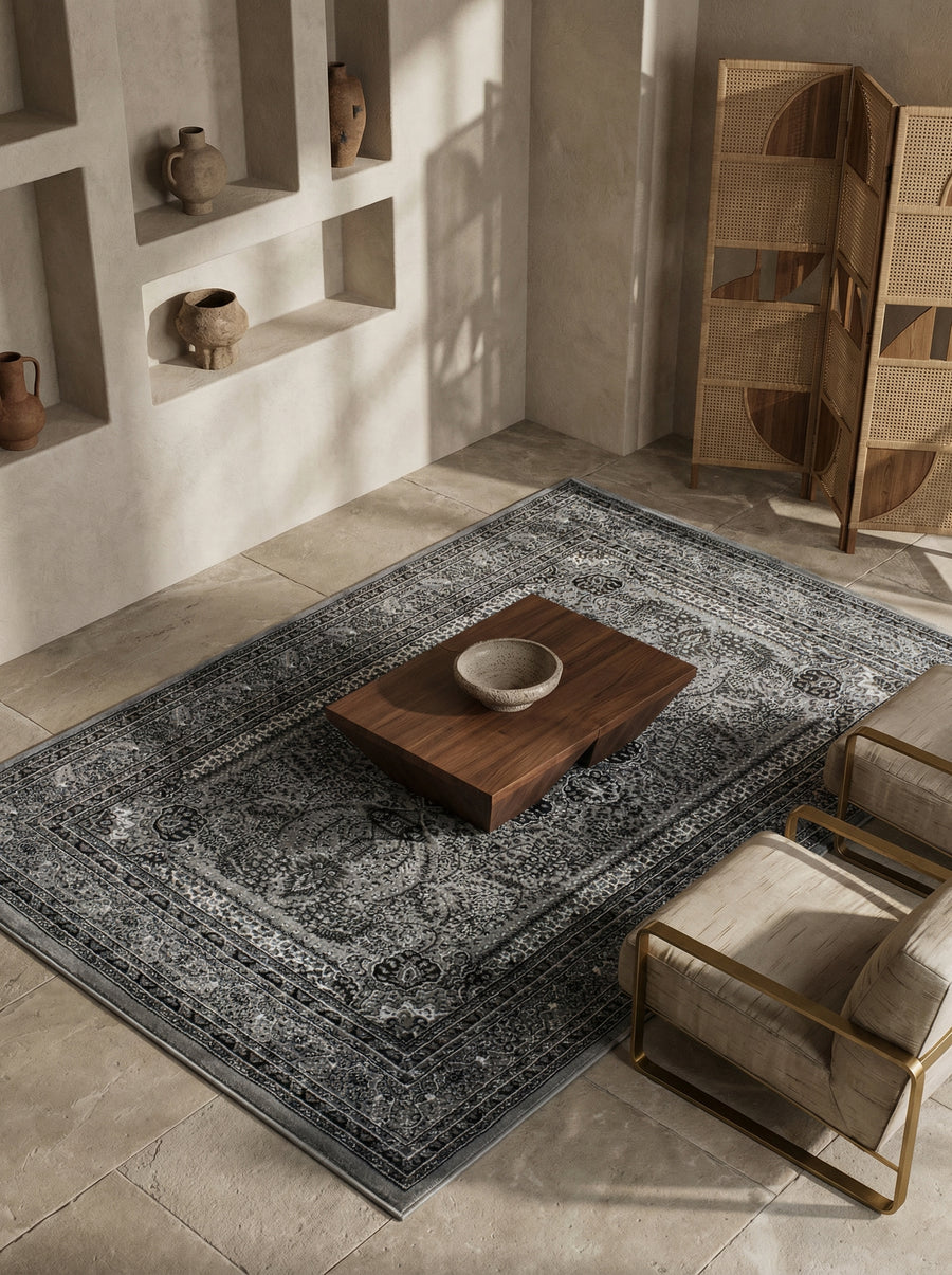 Orientteppich Kurzflor Polypropylen saugroboter Wohnzimmer_Grau_Läufer_