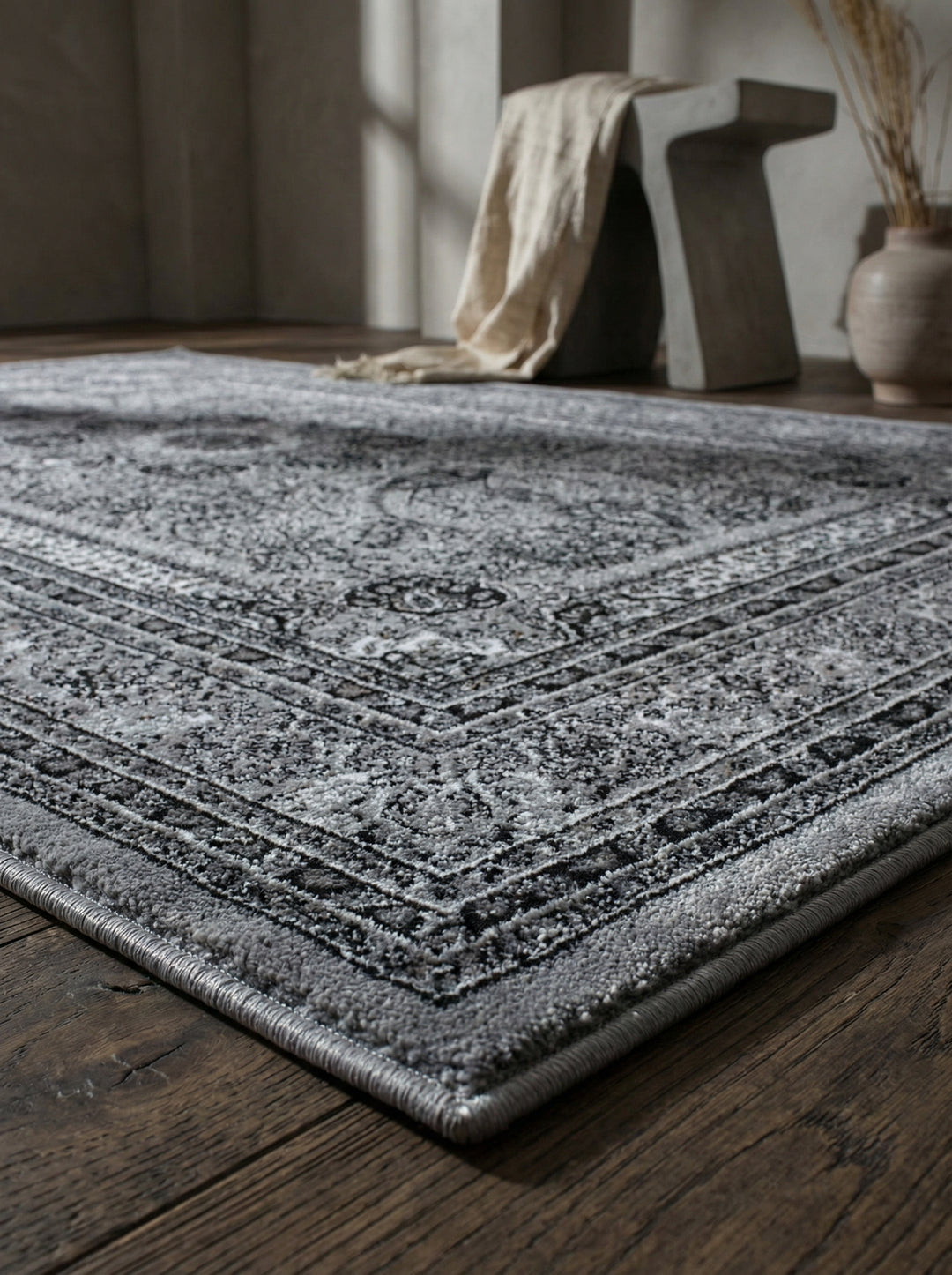 Orientteppich Kurzflor Polypropylen saugroboter Wohnzimmer_Grau_Läufer_