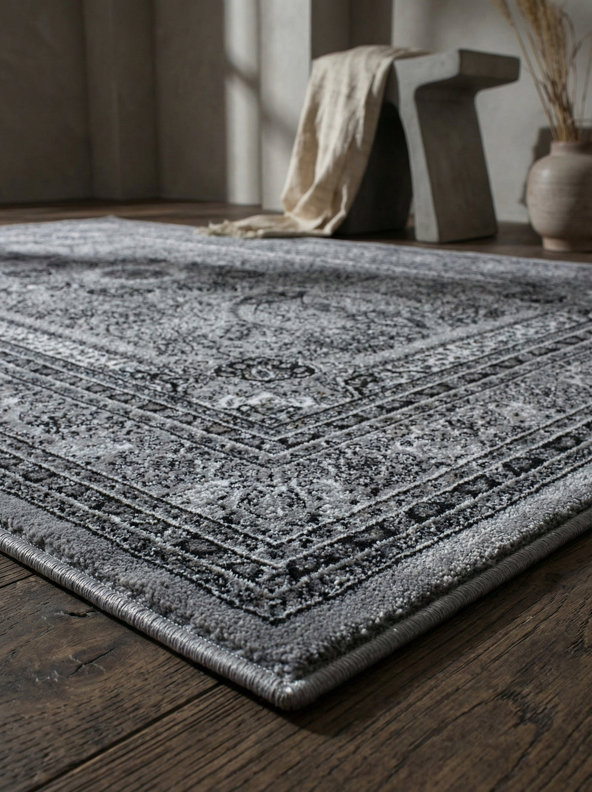 Orientteppich Kurzflor Polypropylen saugroboter Wohnzimmer_Grau_Läufer_
