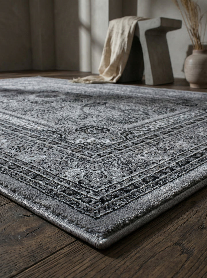 Orientteppich Kurzflor Polypropylen saugroboter Wohnzimmer_Grau_Läufer_