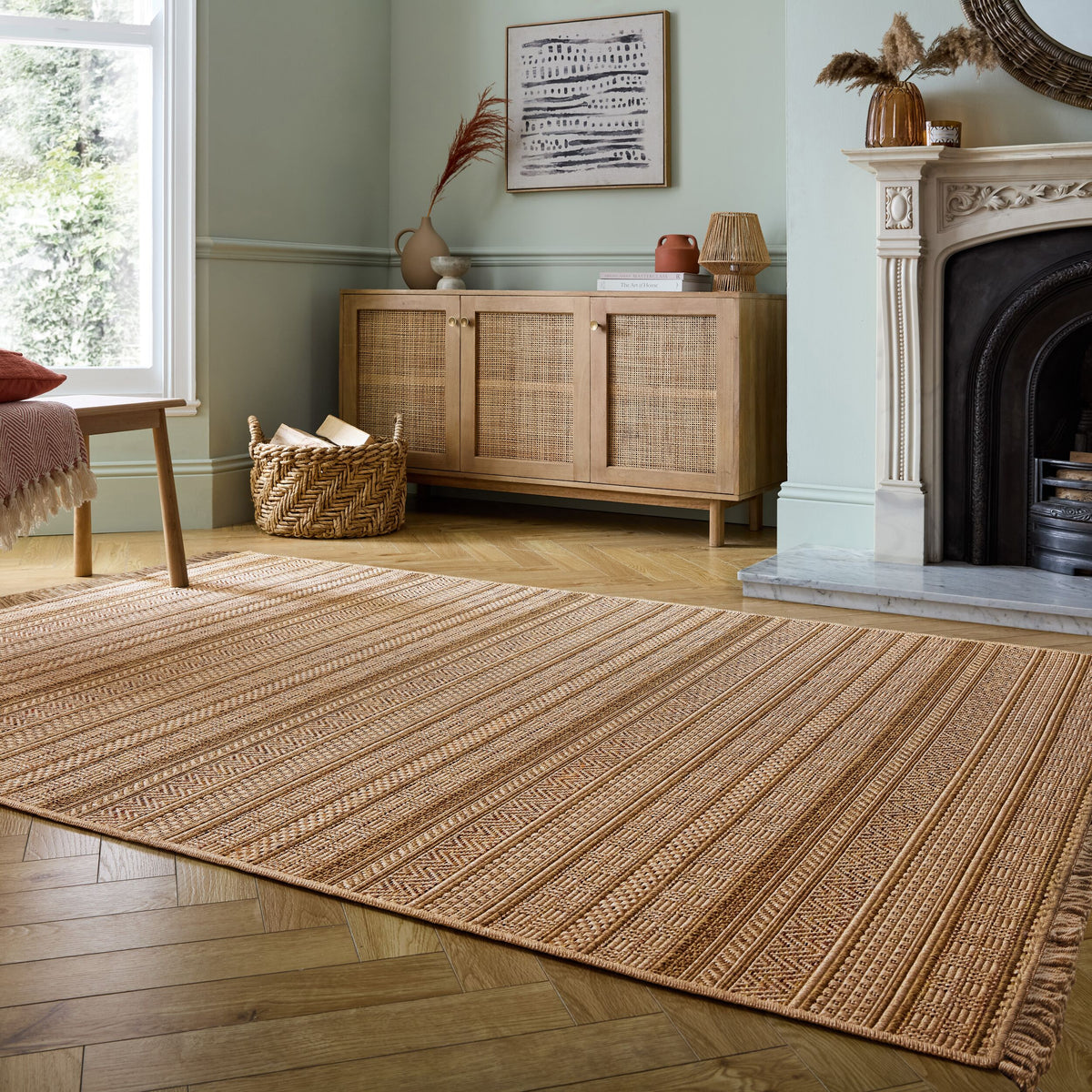 Outdoor Teppich Flachgewebe Boho Streifen Jute-Optik - Balkon_Ocker_Läufer_
