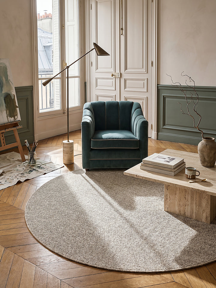 Teppich Beige rund gemütliche Wohnszene_