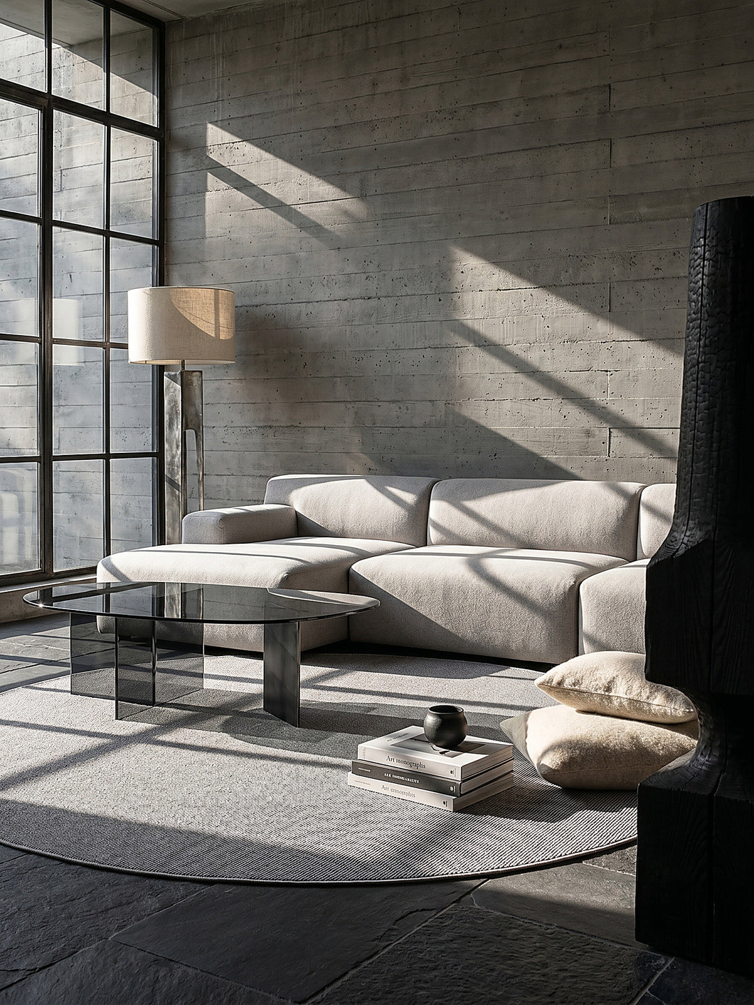 Teppich Grau rund im modernen Wohnzimmer_