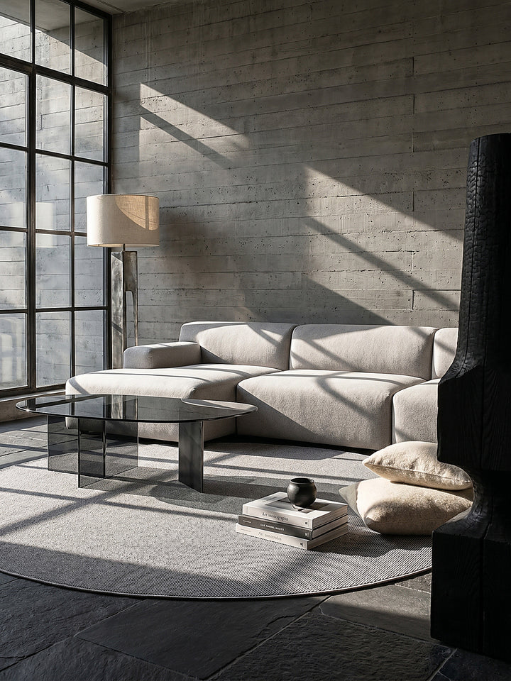 Teppich Grau rund im modernen Wohnzimmer_