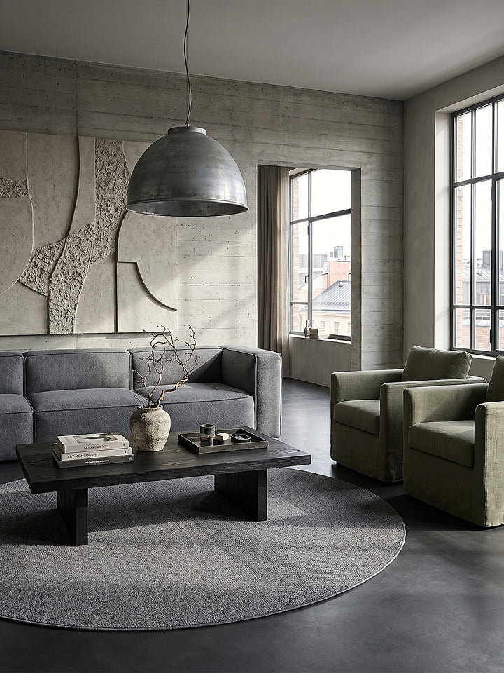 Teppich Anthrazit rund Editorial Styling_