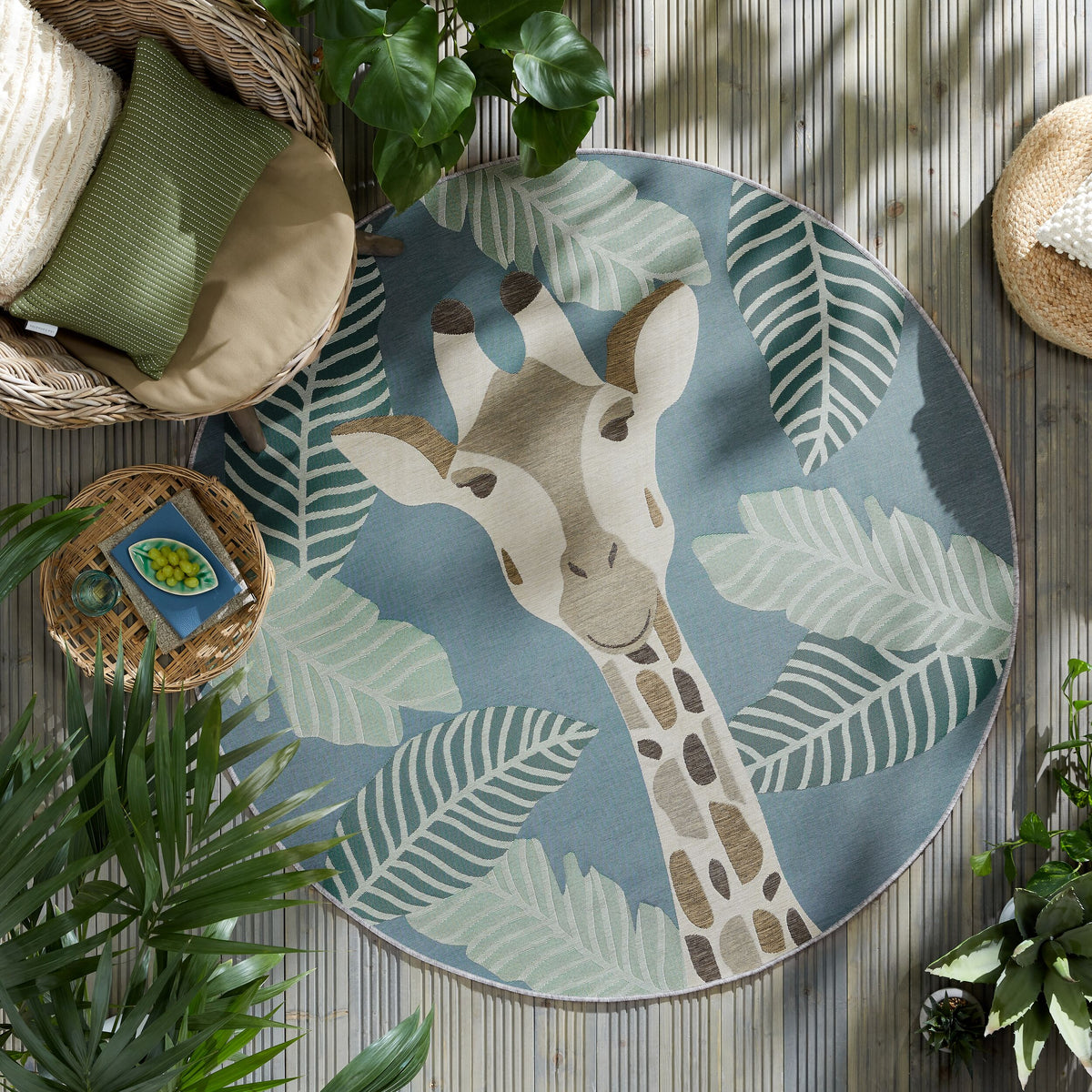 Outdoor-Teppich mit Giraffenmotiv - kreisrund - Safari-Spielteppich_Grün_Rund_