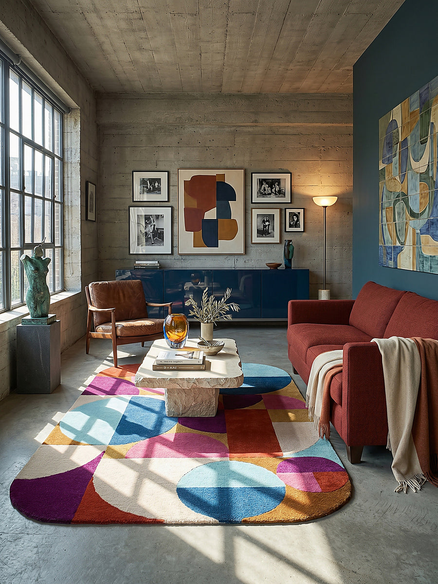 Teppich Multicolor-Rosa rechteckig im modernen Wohnzimmer auf poured warm grey concrete vor warm white plaster with a single rich wa Einrichtungsidee_