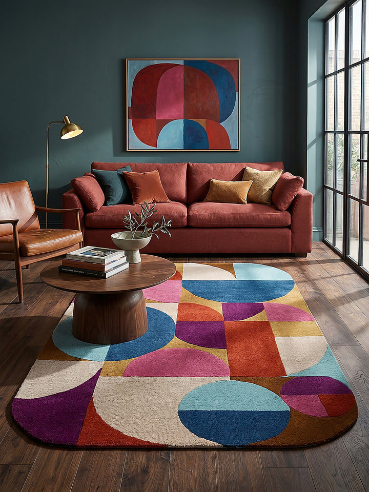 Teppich Multicolor-Rosa rechteckig Editorial Interior als Designobjekt drapiert hochwertige Wohnaccessoires_