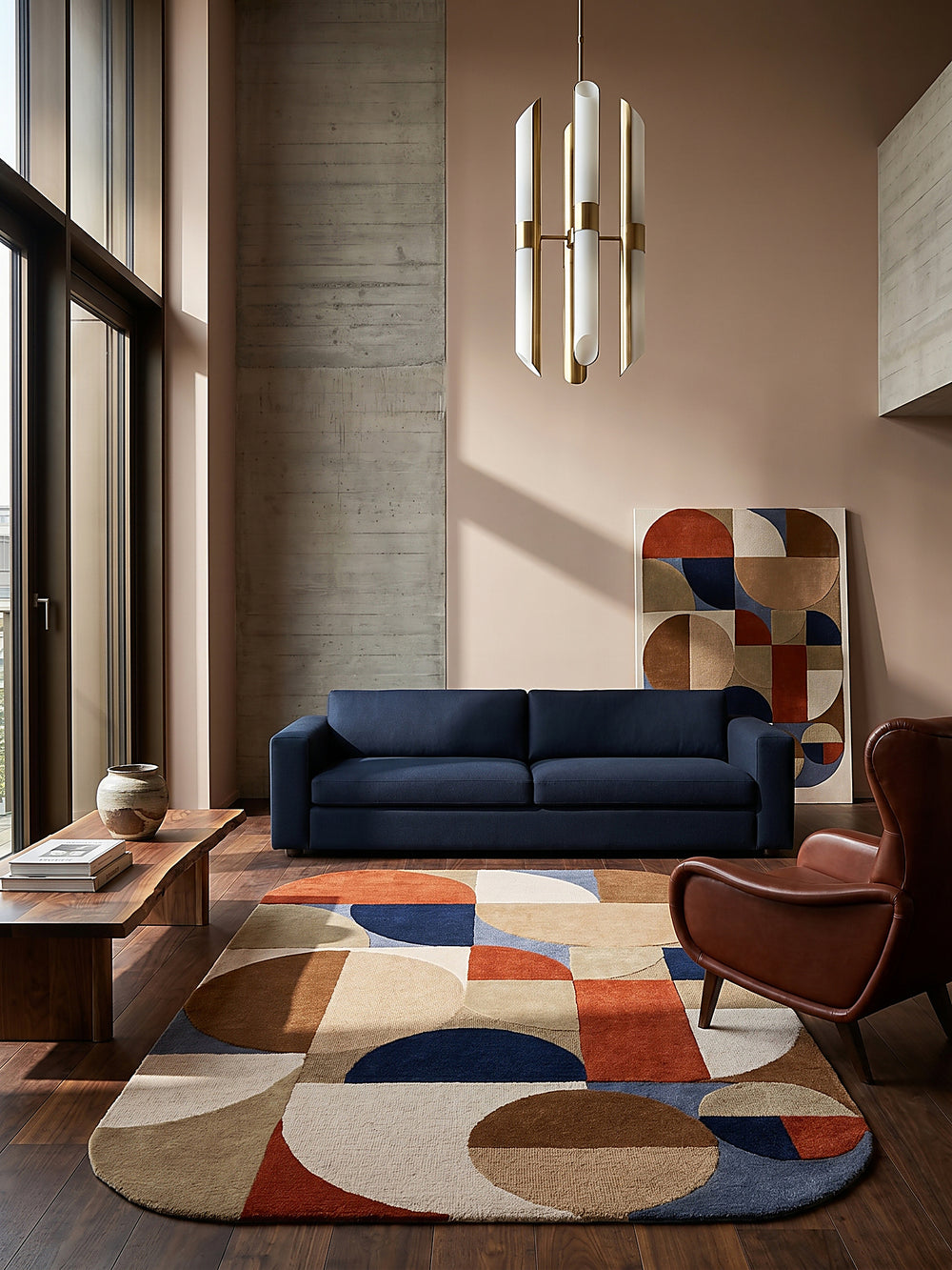 Teppich Multicolor-Terrakotta rechteckig im modernen Wohnzimmer auf dark walnut chevron parquet vor warm greige plaster with subtle texture Einrichtungsidee_