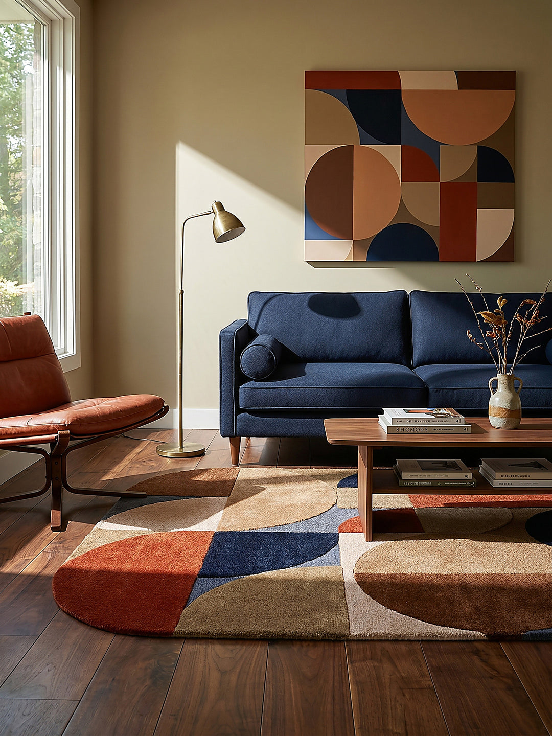 Teppich Multicolor-Terrakotta rechteckig im Wohnzimmer mit Couchtisch und Wohnaccessoires Wohnidee skandinavisch modern_