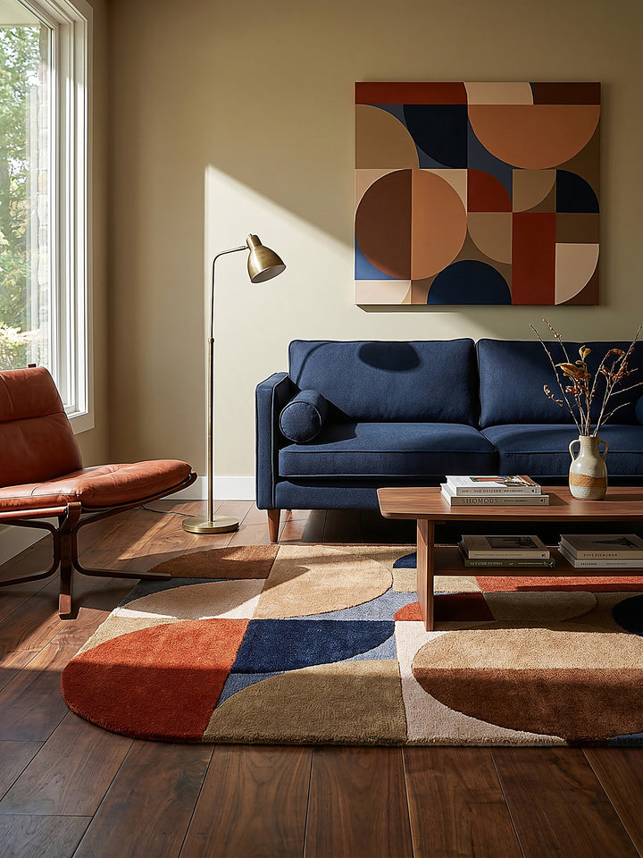 Teppich Multicolor-Terrakotta rechteckig im Wohnzimmer mit Couchtisch und Wohnaccessoires Wohnidee skandinavisch modern_