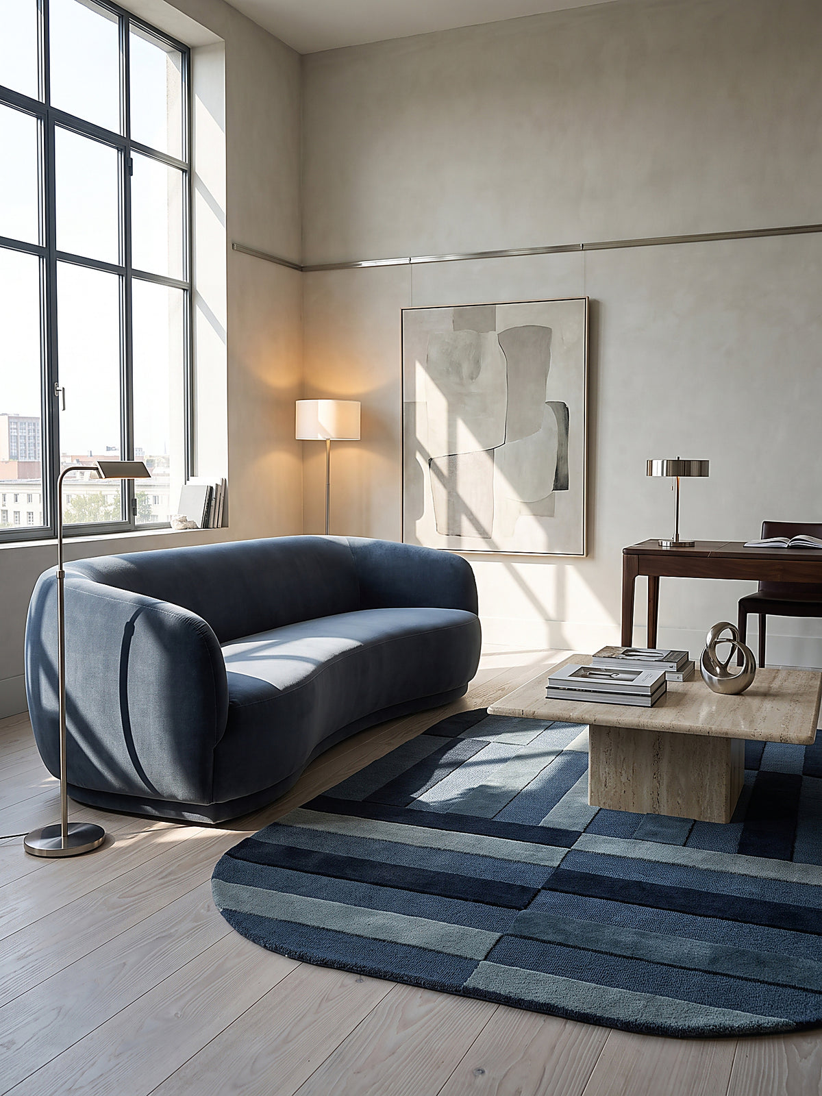 Teppich Blau oval gemütliche Wohnszene_