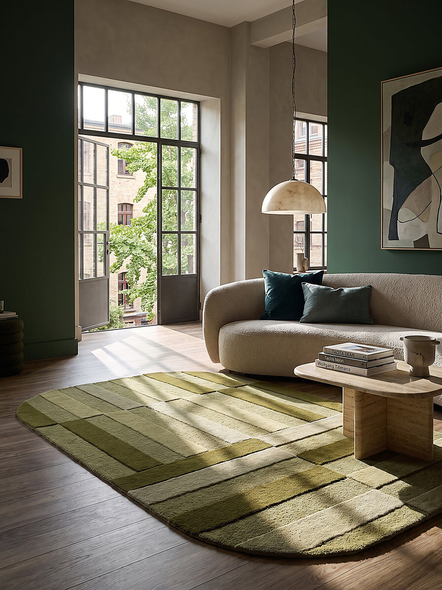 Teppich Olivgrün oval im modernen Wohnzimmer_