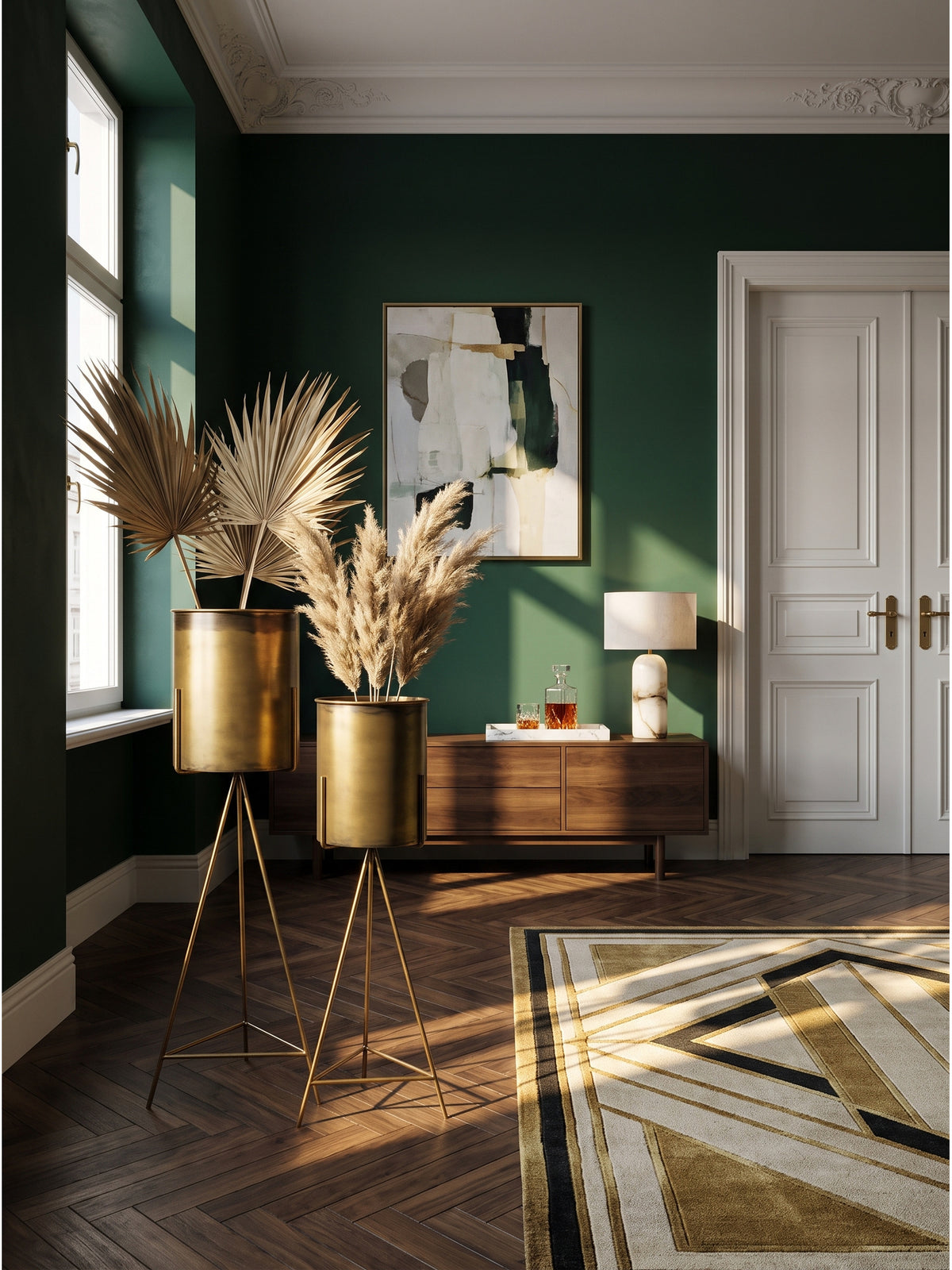 Zwei große Pflanzständer aus Aluminium in Gold-Bronze im eleganten Art-Deco Wohnzimmer vor einer smaragdgrünen Akzentwand