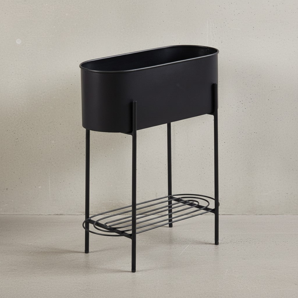 Pflanzkübel Schwarz mit Gestell und Ablage_ Pflanzgefäß Metall_ 51x65x22 cm - KADIMA DESIGN_Größe_ 50x21x65 cm_