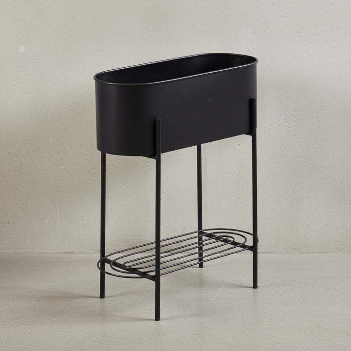 Pflanzkübel Schwarz mit Gestell und Ablage_ Pflanzgefäß Metall_ 51x65x22 cm - KADIMA DESIGN_Größe_ 50x21x65 cm_