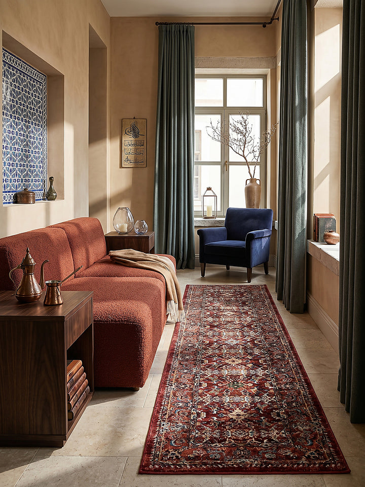 Teppich Rot Läufer im Wohnzimmer mit Couchtisch und Wohnaccessoires Wohnidee skandinavisch modern_