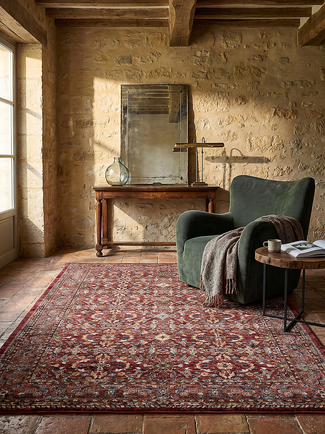 Teppich Rot rechteckig im Wohnzimmer mit Couchtisch und Wohnaccessoires Wohnidee skandinavisch modern_