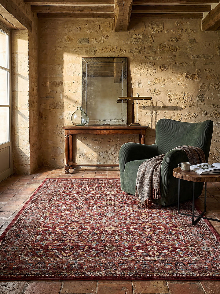 Teppich Rot rechteckig im Wohnzimmer mit Couchtisch und Wohnaccessoires Wohnidee skandinavisch modern_