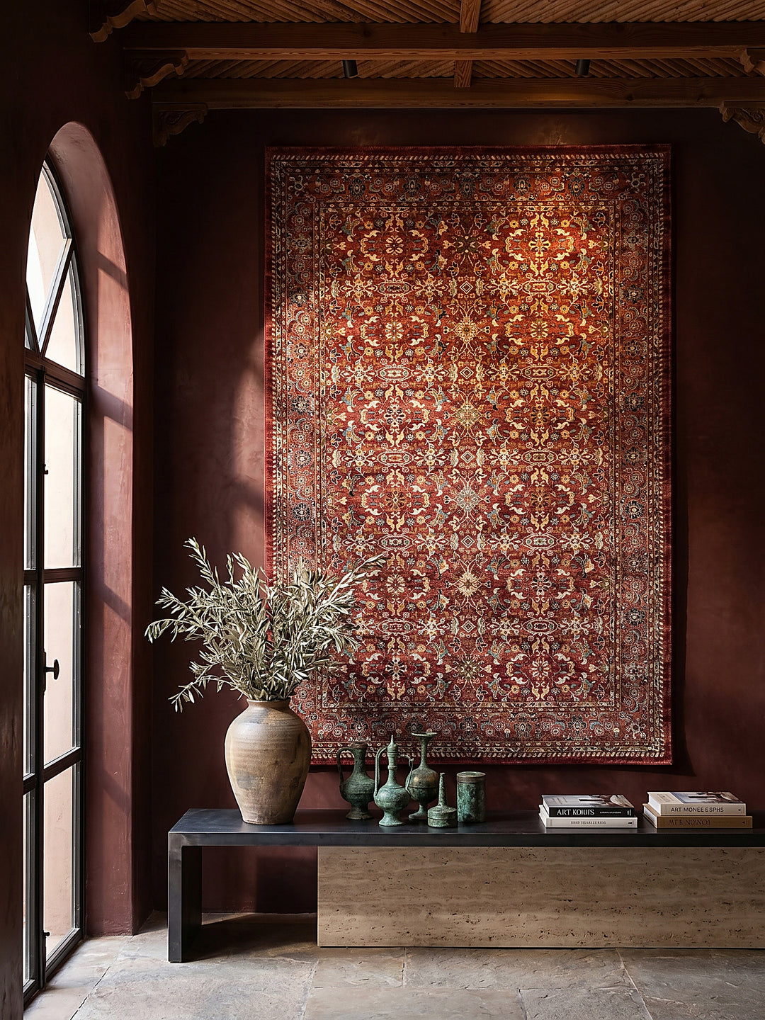Teppich Rot rechteckig als Wandteppich Wanddekoration Textilkunst Interior Design_