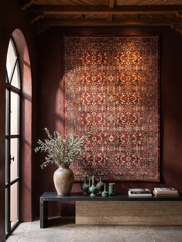 Teppich Rot rechteckig als Wandteppich Wanddekoration Textilkunst Interior Design_