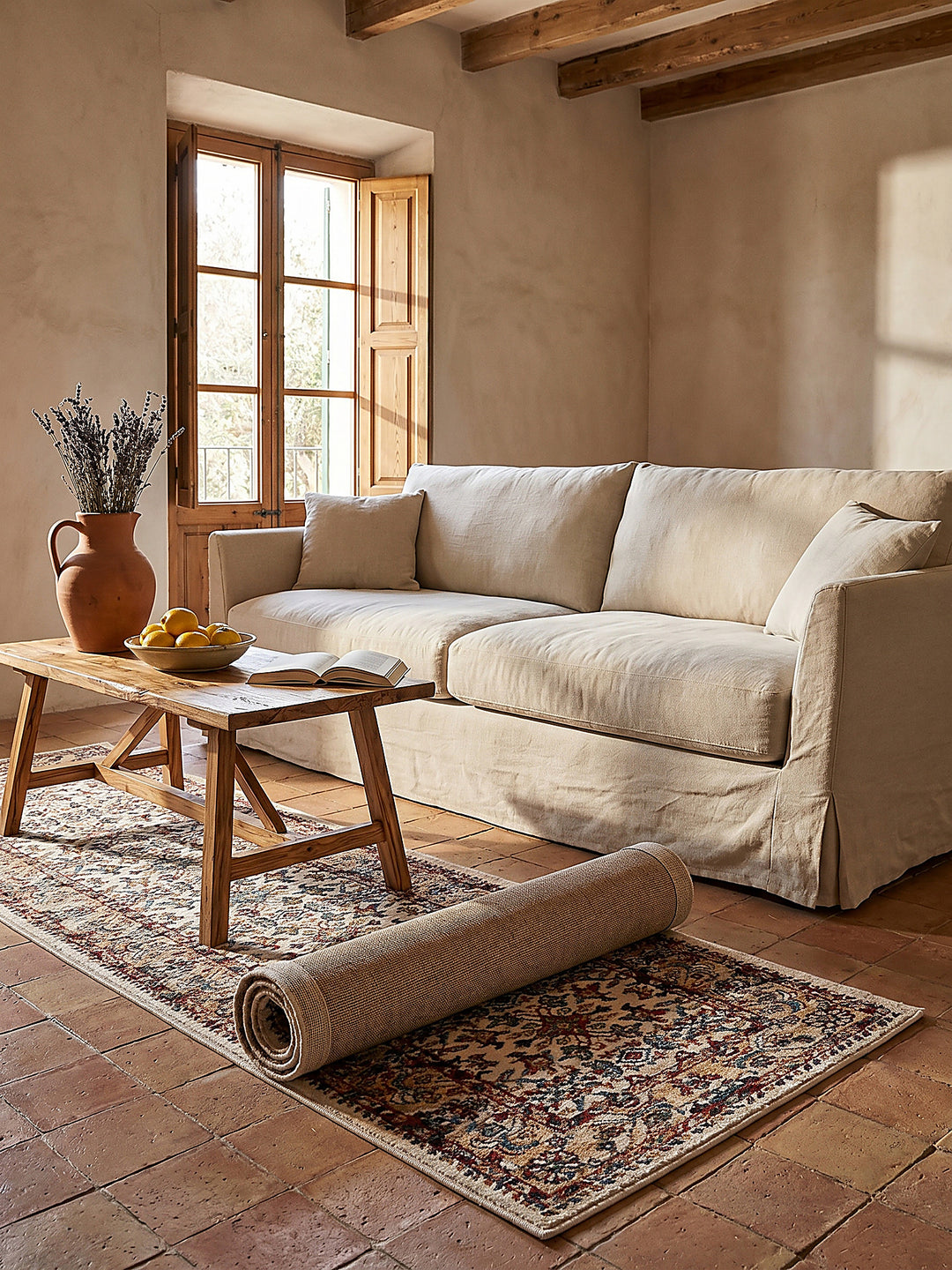 Teppich Multicolor-Rosa Läufer Editorial Interior als Designobjekt drapiert hochwertige Wohnaccessoires_