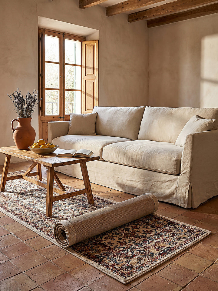 Teppich Multicolor-Rosa Läufer Editorial Interior als Designobjekt drapiert hochwertige Wohnaccessoires_