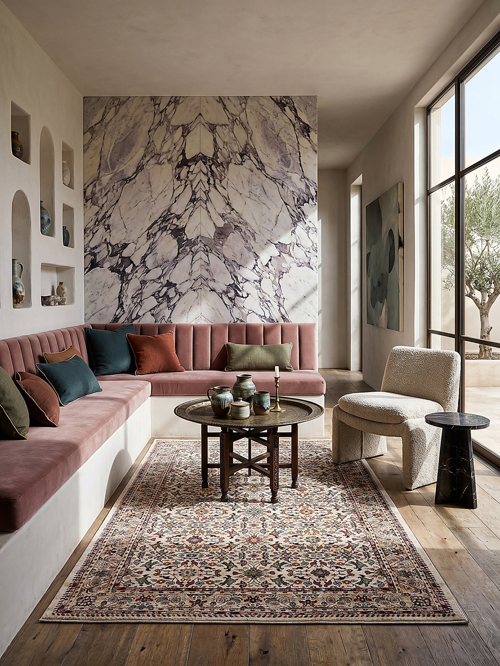 Teppich Multicolor-Rosa rechteckig Editorial Interior als Designobjekt drapiert hochwertige Wohnaccessoires_