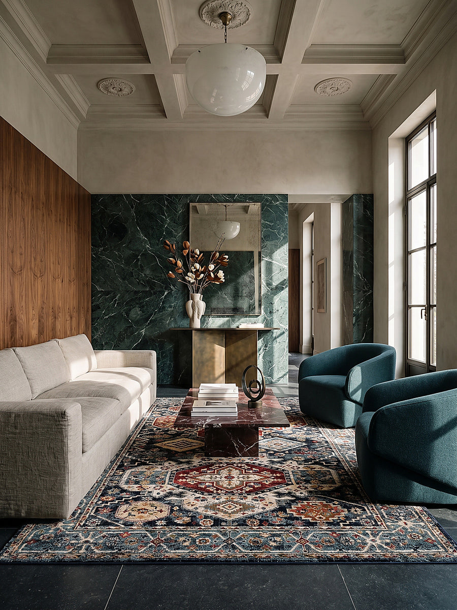Teppich Multicolor-Blau rechteckig Editorial Interior als Designobjekt drapiert hochwertige Wohnaccessoires_